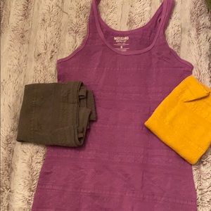 Purple yellow and green tanks